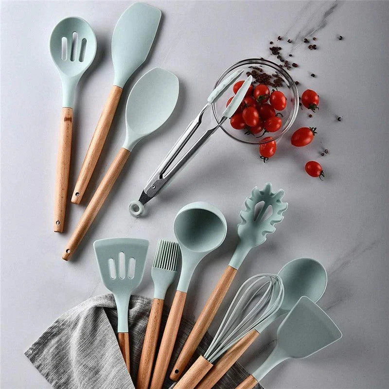 Moderndition™ - 12-Piece Silicone Kitchen Utensil Set with Wooden Handles