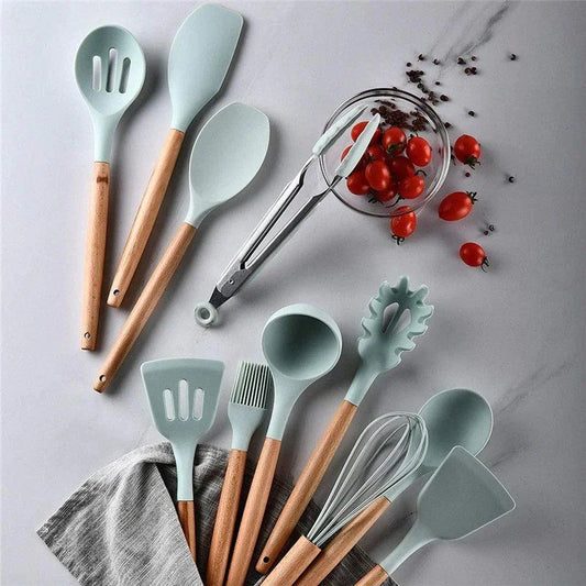 Moderndition™ - 12-Piece Silicone Kitchen Utensil Set with Wooden Handles